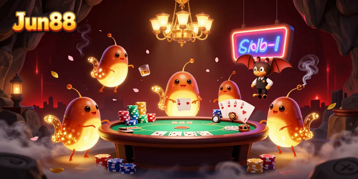 Engage in thrilling poker at Jun88's vibrant 3D casino illuminated by glowing glowworms.