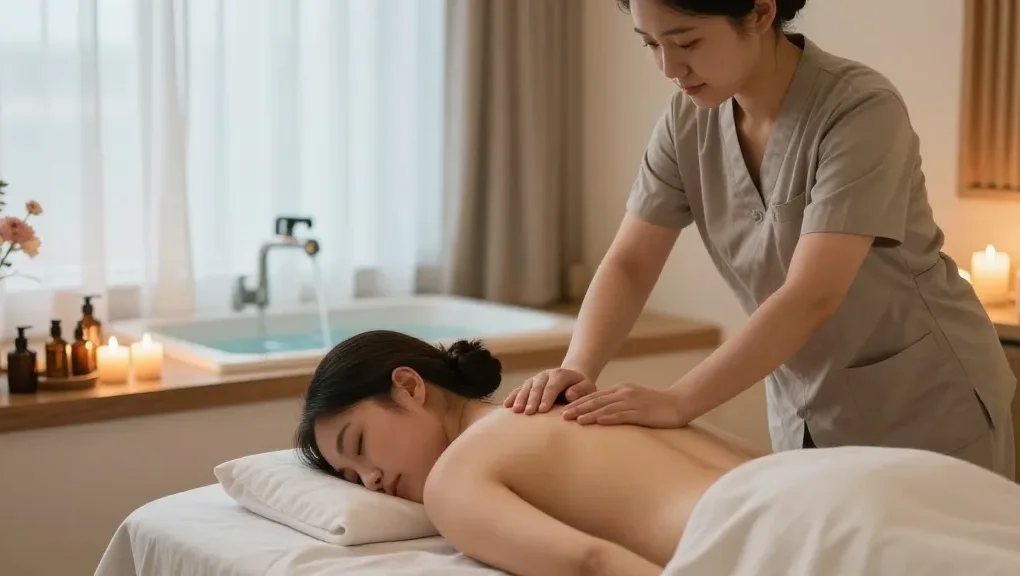Tranquil 강남출장마사지 scene with therapist performing massage therapy in serene spa setting.