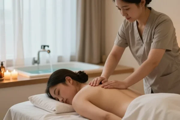 Tranquil 강남출장마사지 scene with therapist performing massage therapy in serene spa setting.
