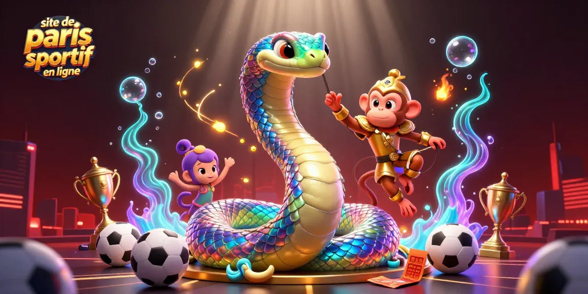Retraits instantanés sur un site de paris sportif en ligne avec un serpent arc-en-ciel et des trophées éblouissants.