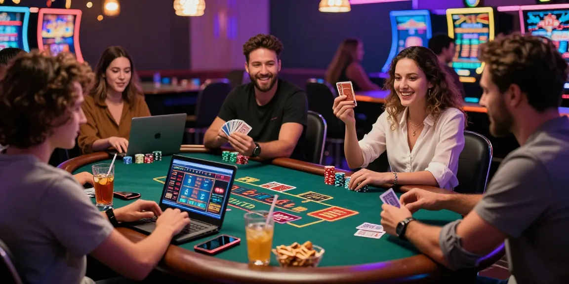 Players enjoying credit card casinos with laptops and festive decor in a lively atmosphere.