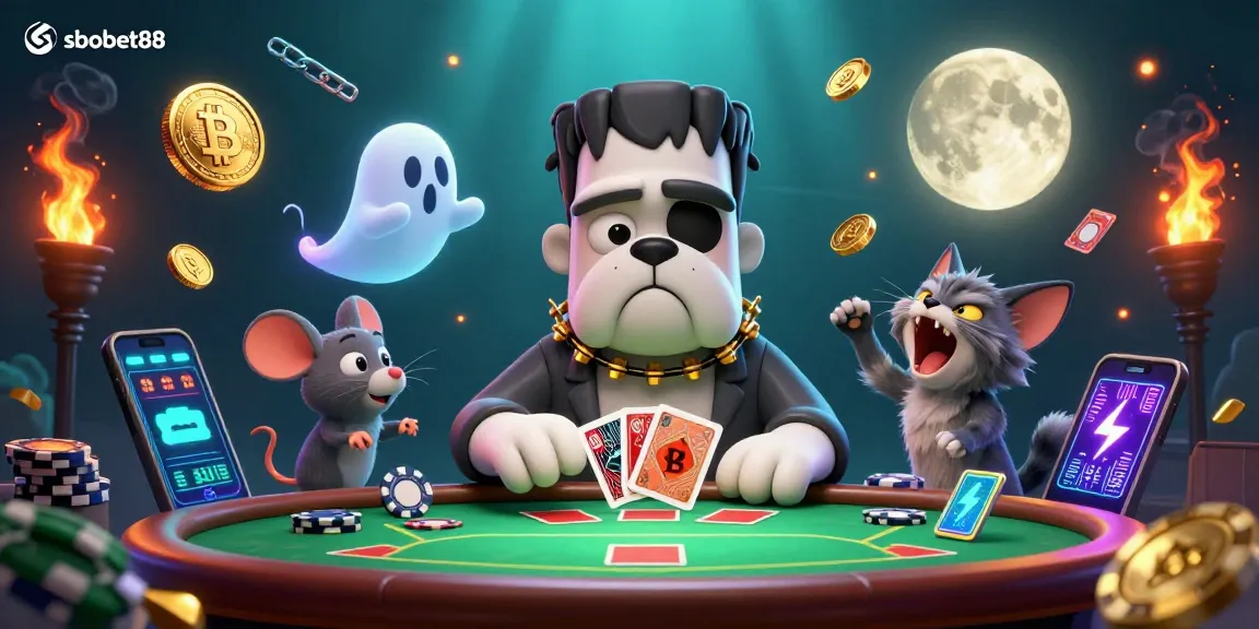sbobet88 features a cartoon Frankenstein bulldog dealing poker while a ghost mouse hovers and a werewolf kitten howls.