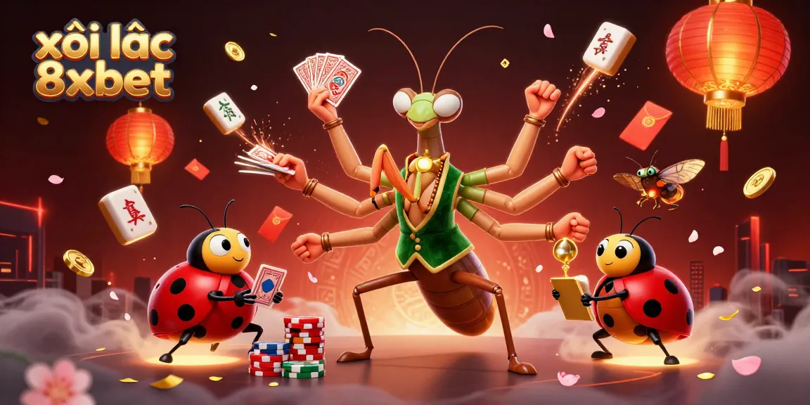 xôi lạc 8xbet brings excitement to 3D casino scene showcasing vibrant characters and festive elements.