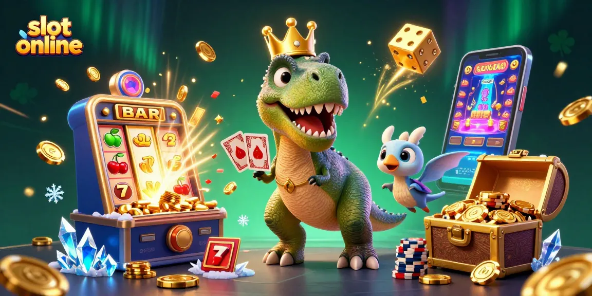 Experience slot online excitement with a T-Rex shuffling cards and a jackpot explosion!