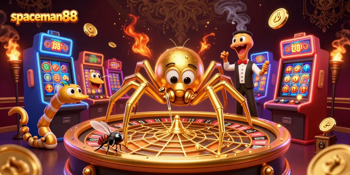 Experience thrilling gameplay at spaceman88 with a cartoon spider and centipede surrounded by vibrant slots.