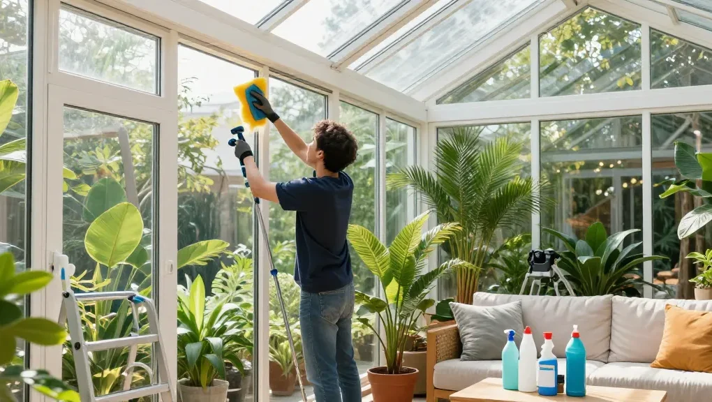 Professionelle Wintergartenreinigung: Mitarbeiter reinigt Glasflächen und Fensterrahmen in lichtdurchflutetem Wintergarten mit Pflanzen und gemütlicher Sitzecke.