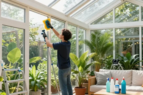 Professionelle Wintergartenreinigung: Mitarbeiter reinigt Glasflächen und Fensterrahmen in lichtdurchflutetem Wintergarten mit Pflanzen und gemütlicher Sitzecke.