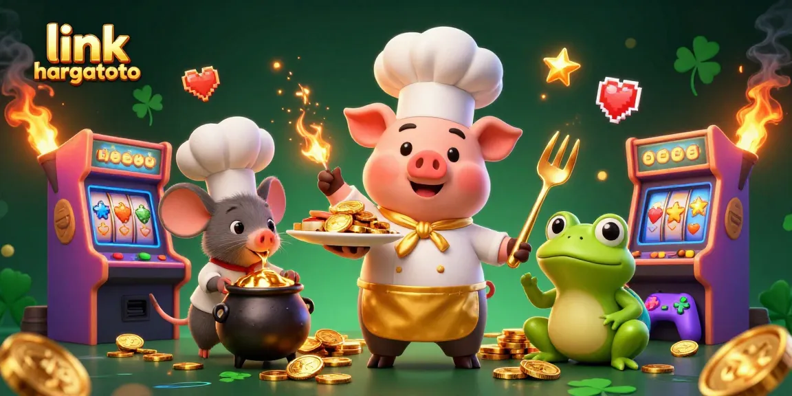 Engage with link hargatoto as a chef pig serves gold coins amid vibrant casino game elements.