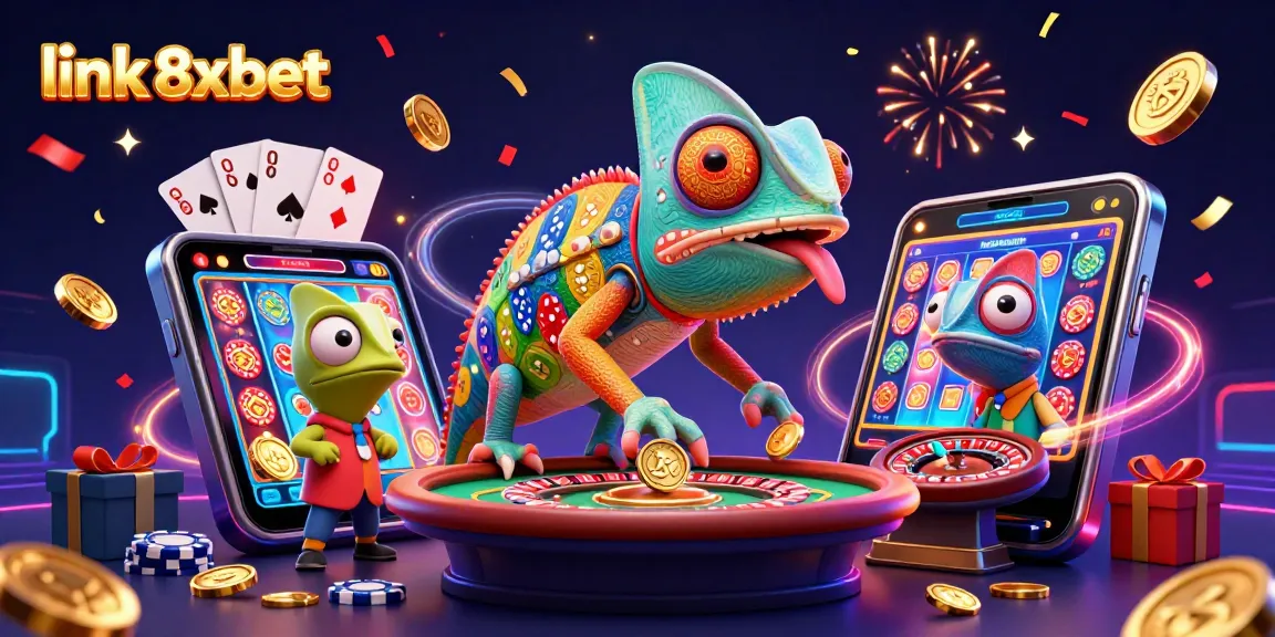 Play exciting games at link 8xbet with a colorful casino scene featuring a chameleon owner, golden coins, and slot action.