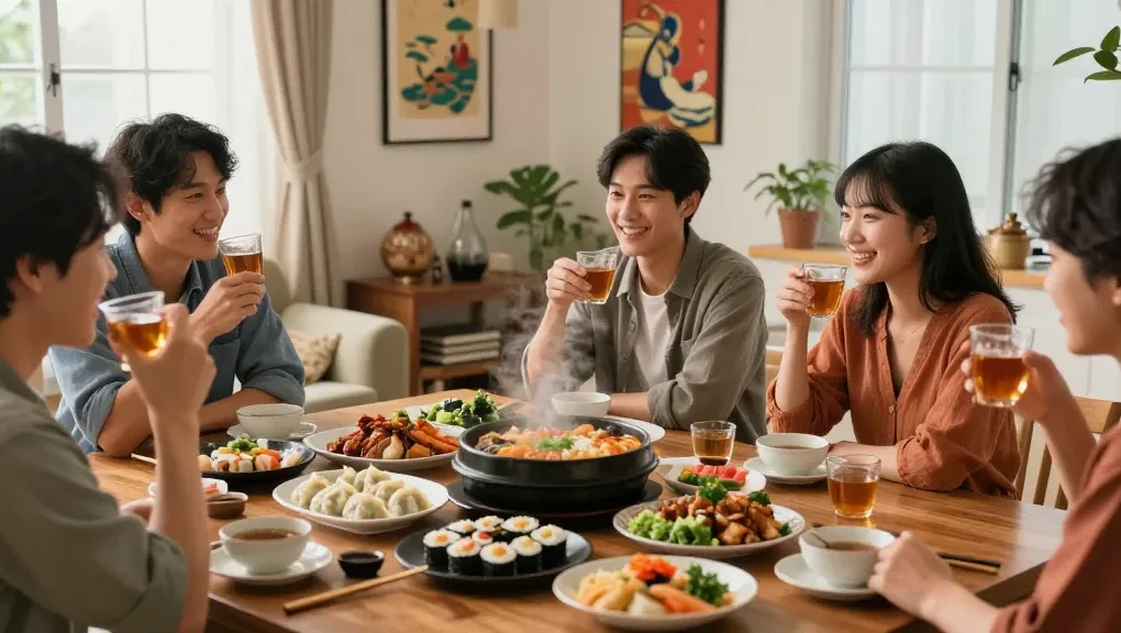 Gathering at https://hanadultalk.com showcasing Asian cuisines and cultural discussions in a vibrant, cozy setting.