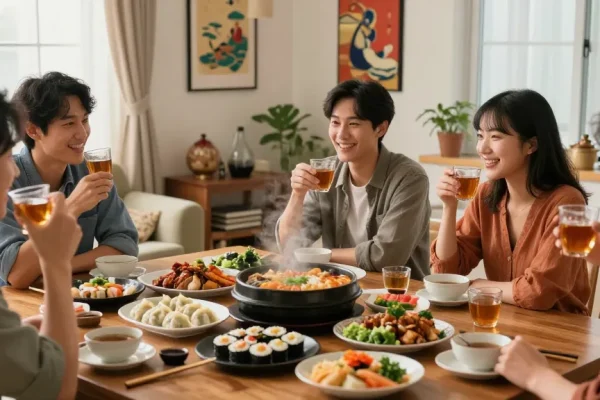Gathering at https://hanadultalk.com showcasing Asian cuisines and cultural discussions in a vibrant, cozy setting.