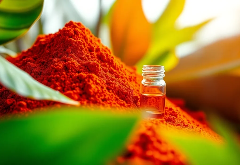 Showcasing why is astaxanthin red, vibrant astaxanthin powder next to a glass vial in a natural green setting.