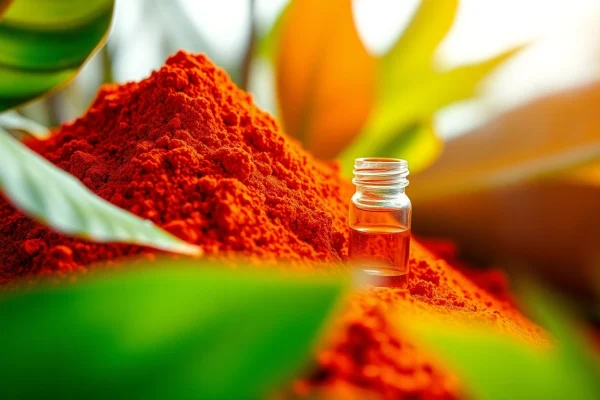 Showcasing why is astaxanthin red, vibrant astaxanthin powder next to a glass vial in a natural green setting.