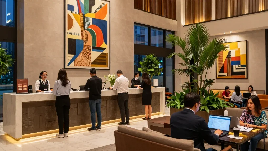 rokok 88 Hotel Jakarta Pusat vibrant hotel lobby ambiance with friendly staff and guests.