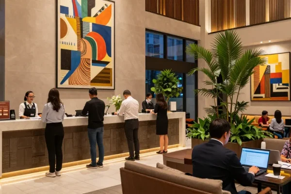 rokok 88 Hotel Jakarta Pusat vibrant hotel lobby ambiance with friendly staff and guests.