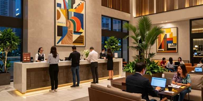 rokok 88 Hotel Jakarta Pusat vibrant hotel lobby ambiance with friendly staff and guests.