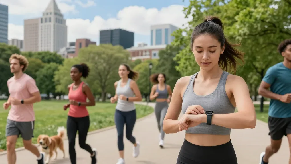 Menampilkan aktivitas sehat menggunakan https://www.polarfitbitshop.com/fitbit-luxe/ di taman kota dengan orang-orang berolahraga dan menggunakan smartwatch.