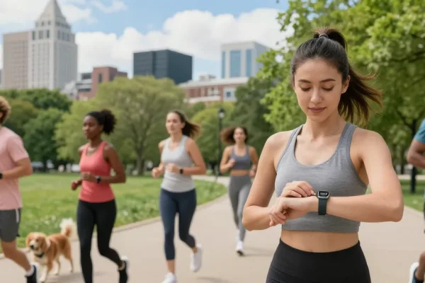 Menampilkan aktivitas sehat menggunakan https://www.polarfitbitshop.com/fitbit-luxe/ di taman kota dengan orang-orang berolahraga dan menggunakan smartwatch.