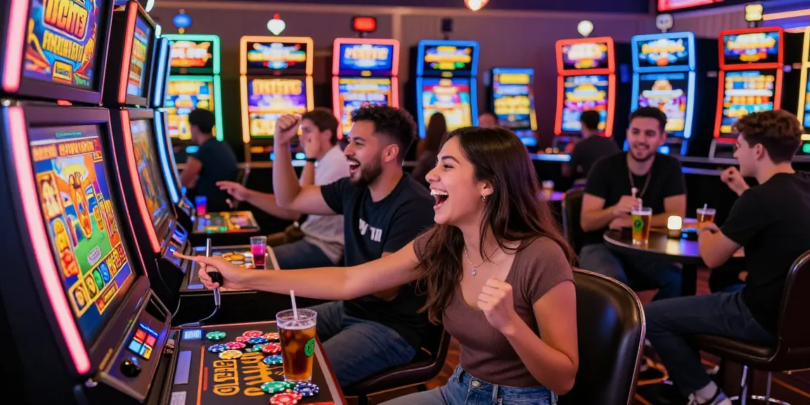 Excited players enjoying rokok88 slot machines in a vibrant casino environment.