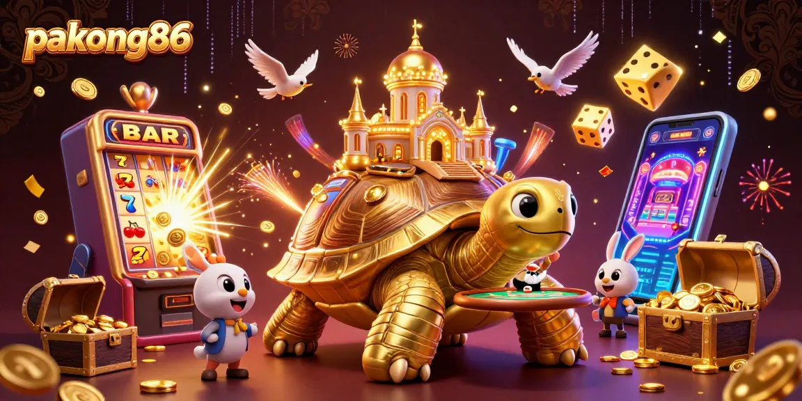 Experience the excitement of pakong86 with cartoon tortoise casino scene filled with slots and golden coins.
