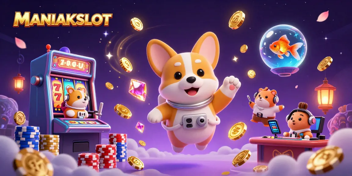 Experience the thrill of MANIAKSLOT with a dazzling 3D casino scene featuring floating characters and dynamic games.