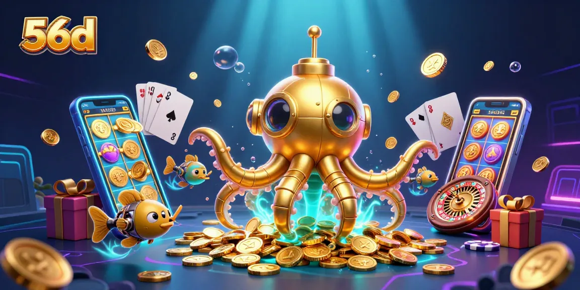Engage with the vibrant gaming world of 56d, featuring a dynamic underwater scene of a golden kraken and slot games.