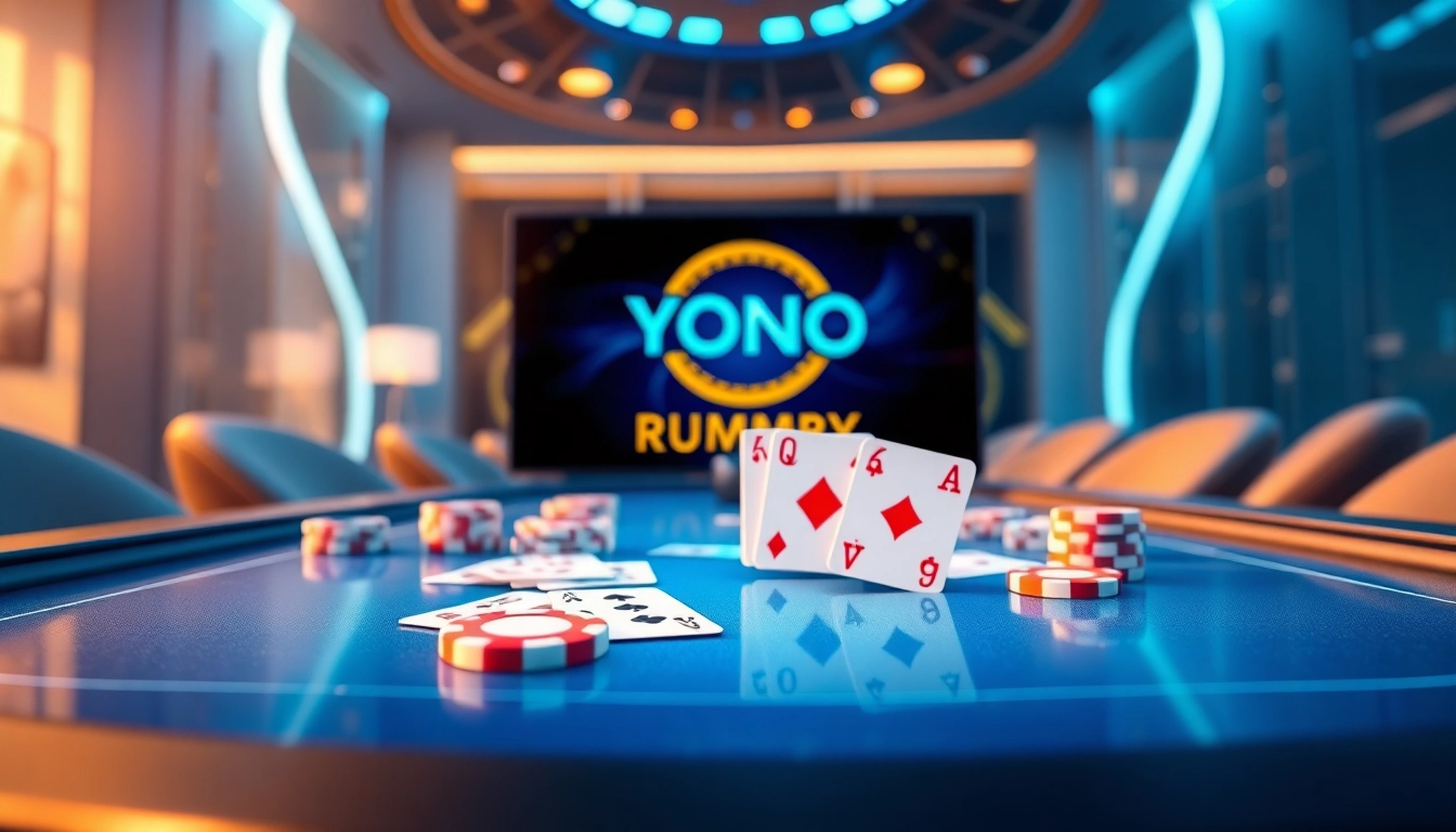 Play exciting Yono Rummy with vibrant cards and chips in a futuristic setting.